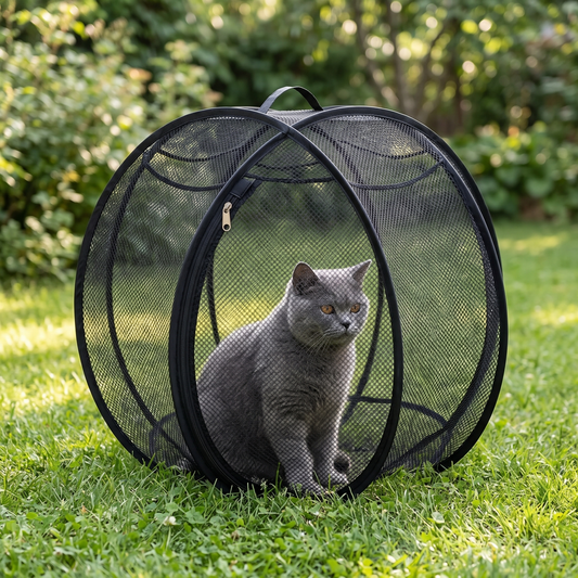 CatioBall black pop-up cat playpen with grey cat inside on a backyard lawn
